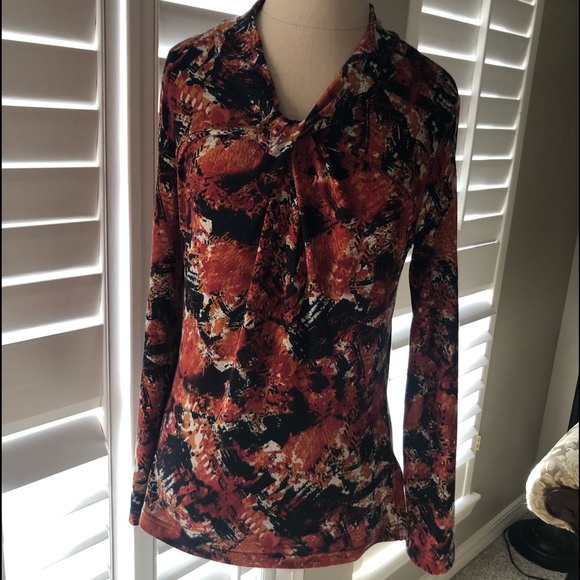 Black & dark Orange Printed LS Knit Top Small - Picture 2 of 7